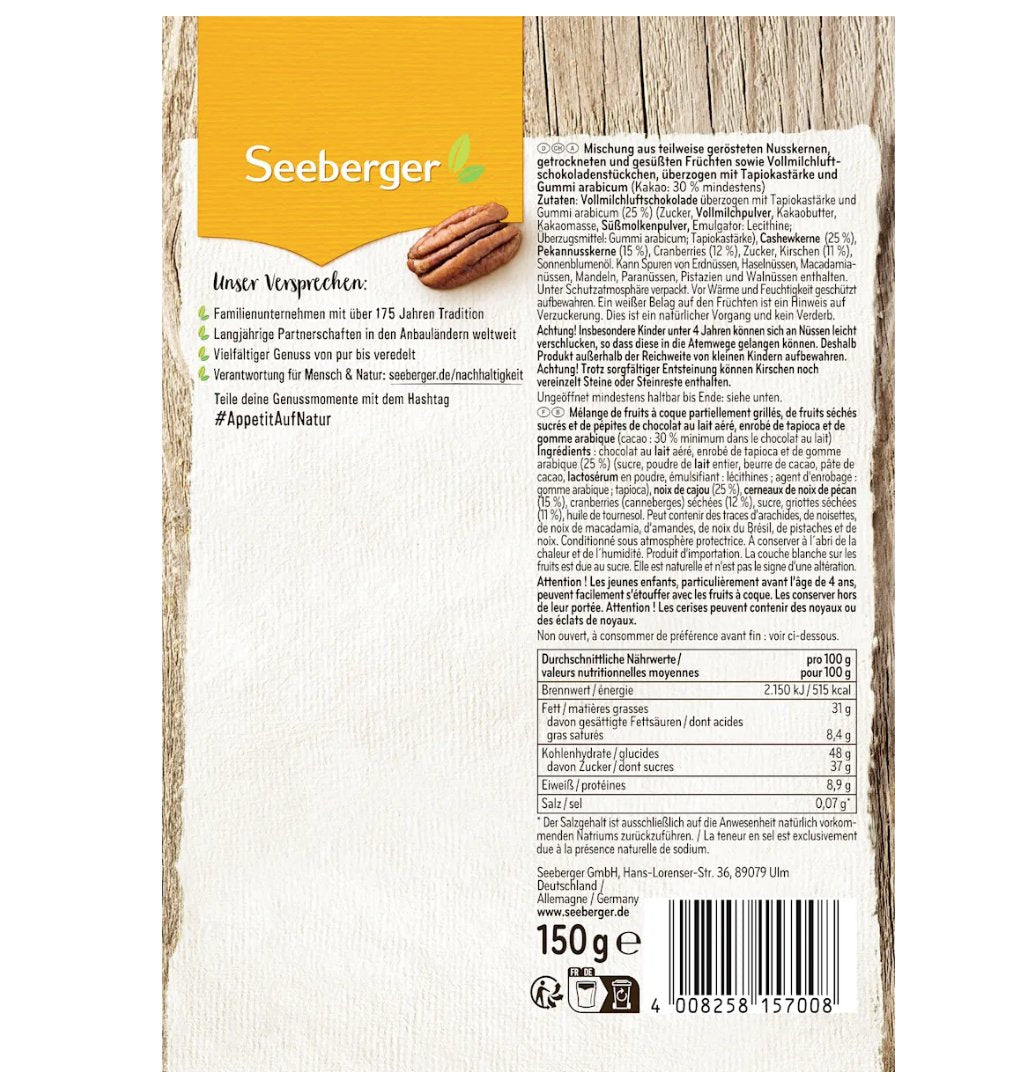 Seeberger Nuss- & Trockenfrüchtemischung, Schoko-Mix mit Pekannüssen, 150 g