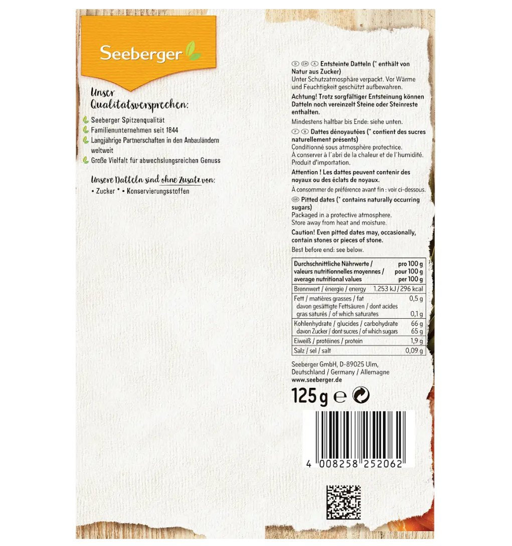 Seeberger dried fruit, pitted dates, 125 g