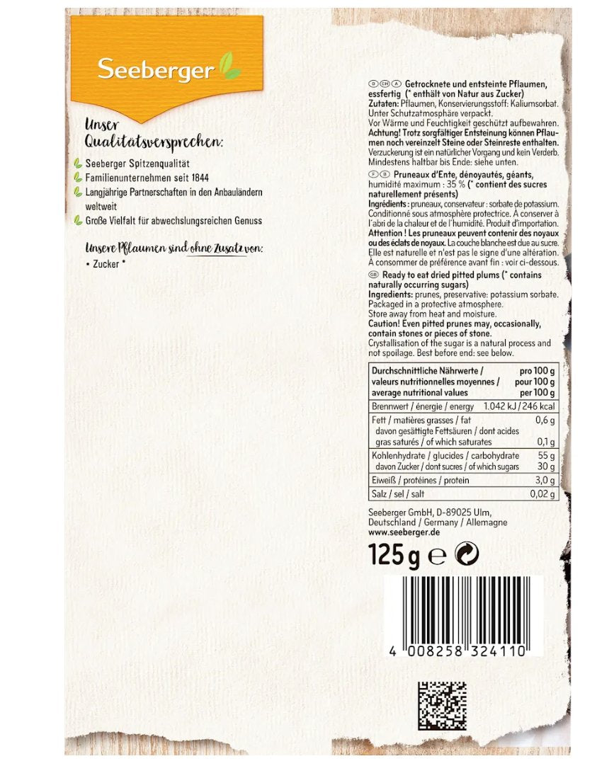 Seeberger dried fruit, stoned plums, 125 g