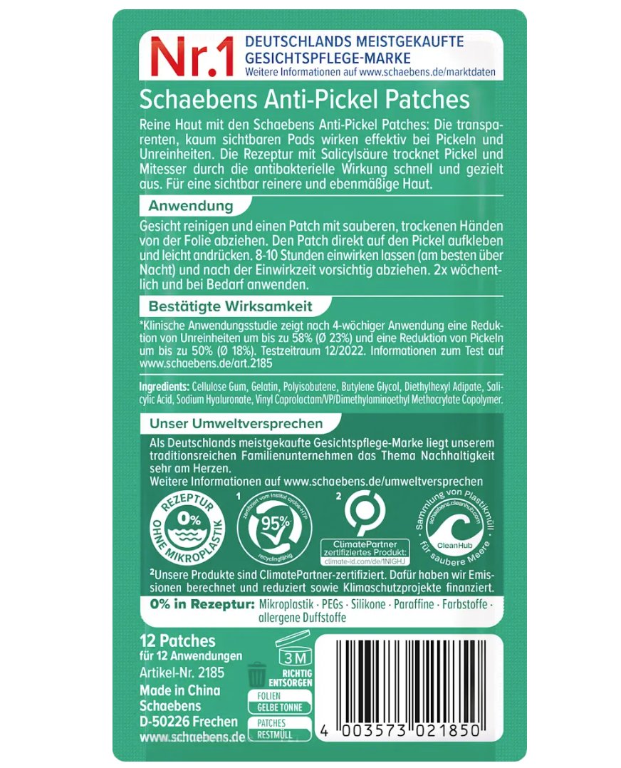 Schaebens Anti-Pimple Patches for Blemished Skin, 12 pcs