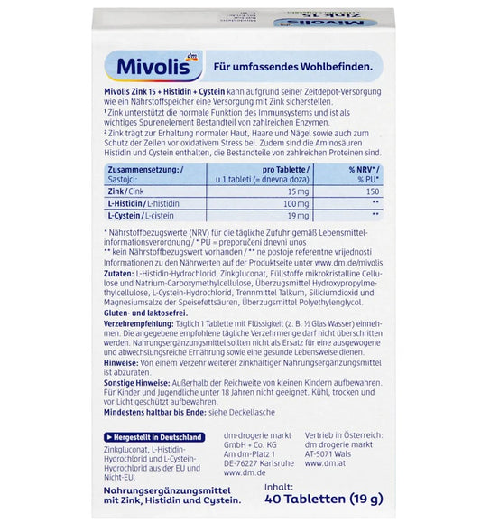 Mivolis Zink 15 + Histidin + Cystein Tabletten 40 St, 19 g