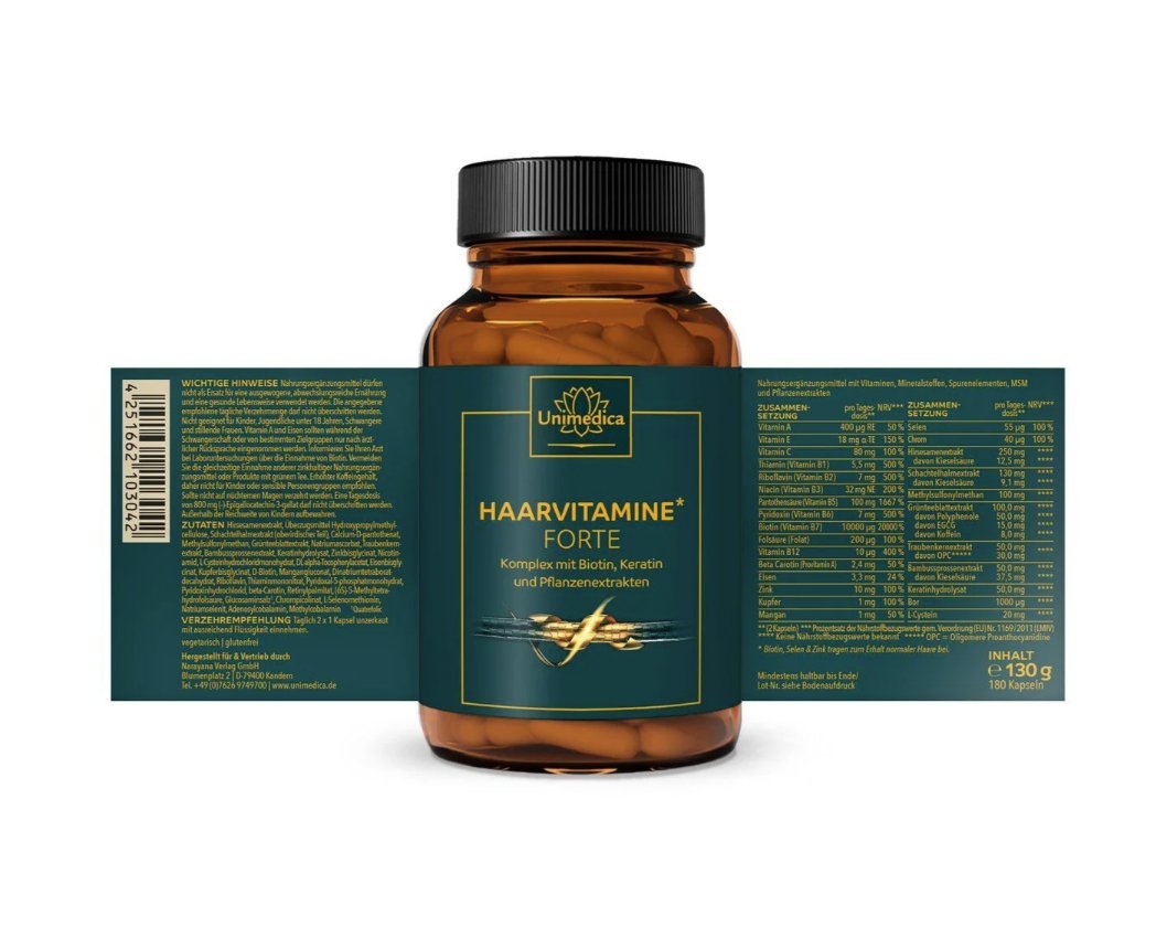 Unimedica Hair Vitamins Forte - Complex with Biotin, Vitamins, and Keratin, 180 Capsules