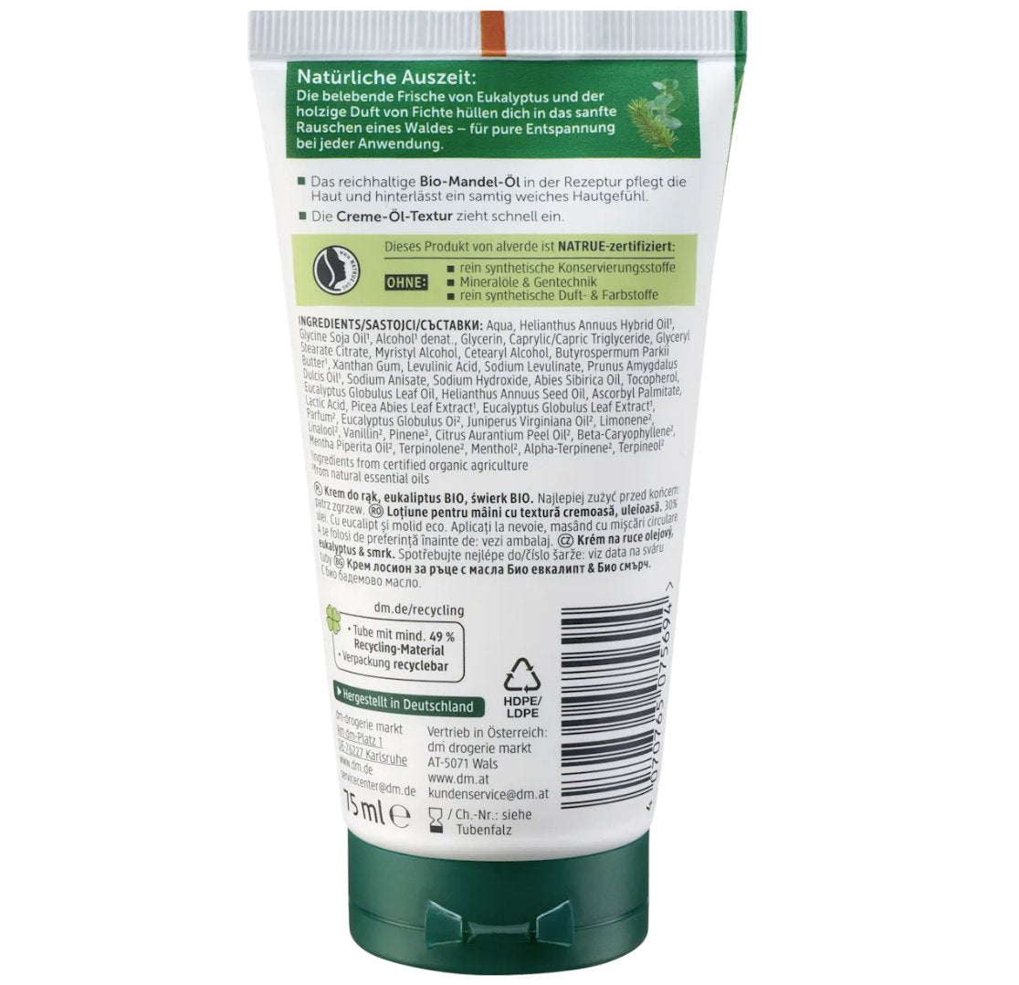 alverde NATURKOSMETIK Handcreme Waldrauschen mit Bio-Mandelöl – für strapazierte Hände – 75 ml