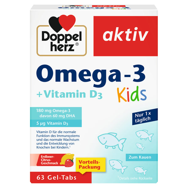 Doppelherz aktiv Omega-3 + Vitamin D3 Kids – Kau-Gel-Tabs für Kinder ab 4 – 63 Stück