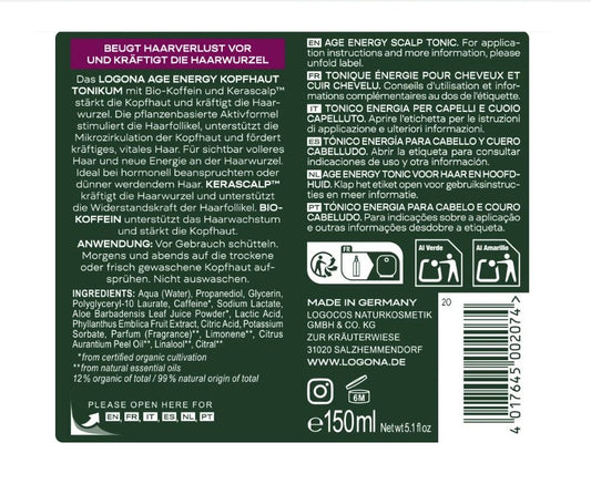 LOGONA Age Energy Scalp Tonic 150 ml – Kerascalp™ & Organic Caffeine