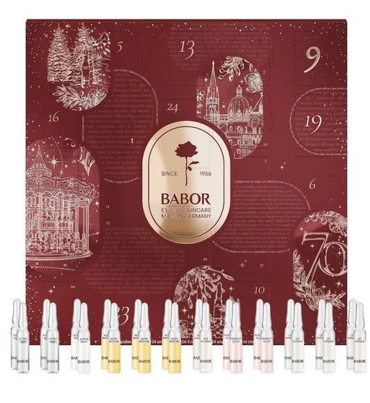 BABOR Adventskalender 2026, Vorderseite zusammen mit allen 24 Ampullen