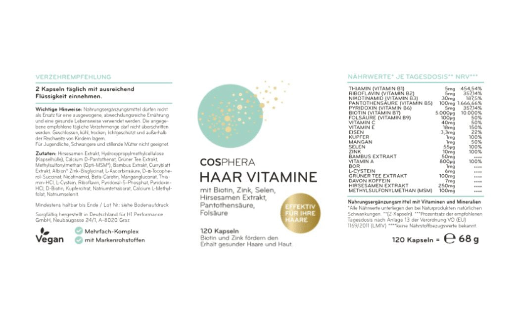 Cosphera 頭髮維生素膠囊 – 適用於頭髮、皮膚和指甲,120 粒