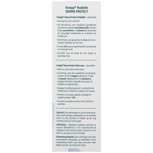 Kneipp Hautöl Derma Protect 100 ml, Rückseite der Flasche mit Etikett