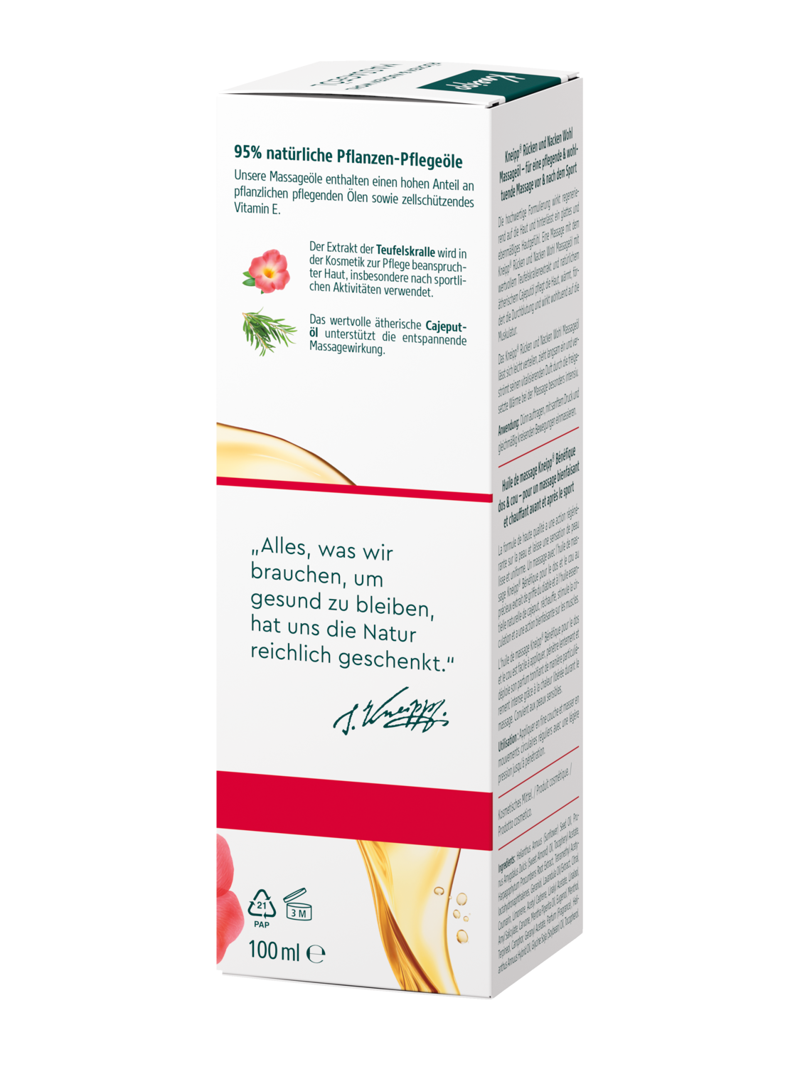 Kneipp Rücken + Nacken Wohl Massageöl 100 ml, linke Seitenansicht der Flasche