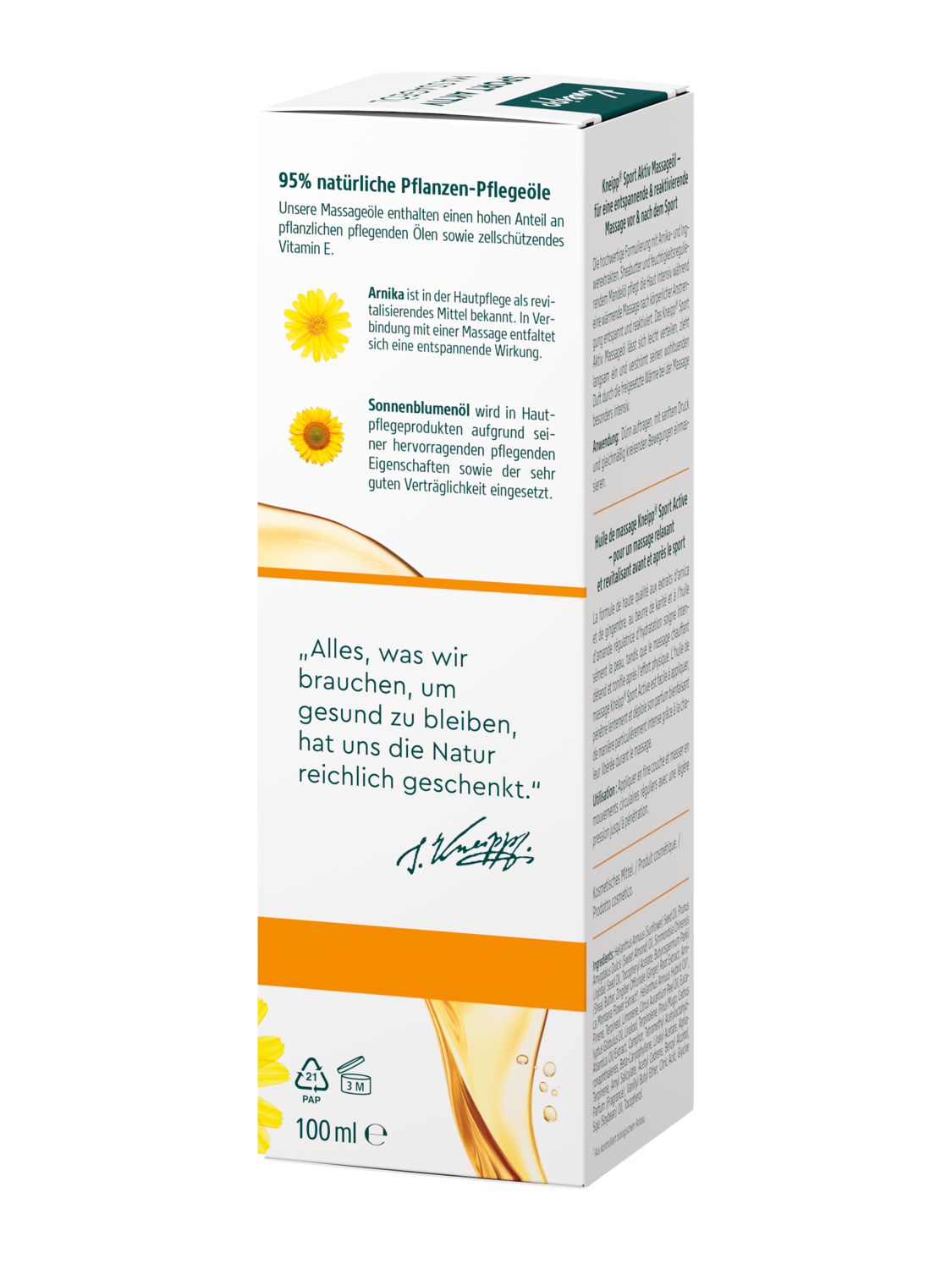 Kneipp Sport Aktiv Massageöl 100 ml, linke Seitenansicht der Flasche