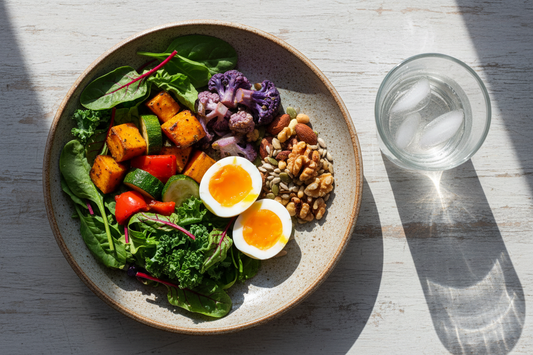 Ausgewogener vegetarischer Teller mit Ei, Gemüse, Nüssen und Samen als Überblick vegetarischer Vitamin-D-Quellen