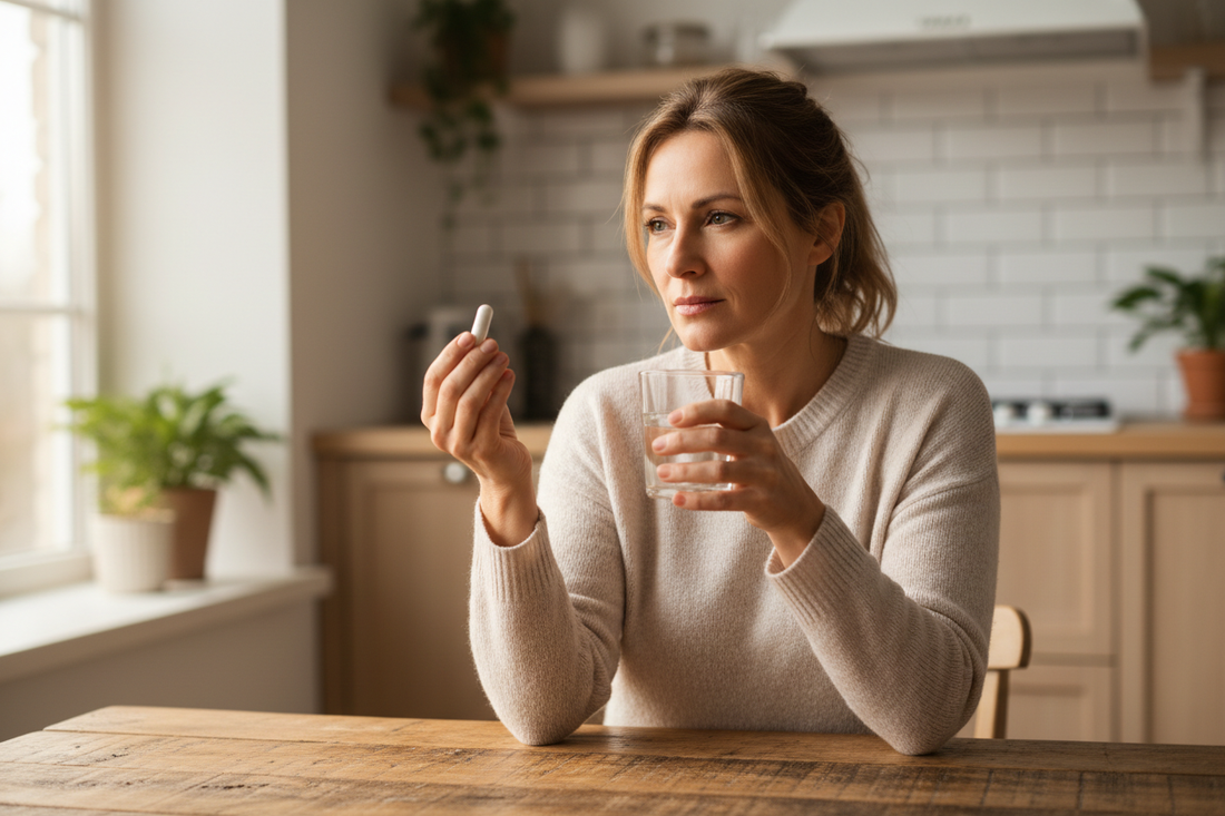Frau nimmt am hellen Küchentisch eine Vitamin-D-Kapsel mit einem Glas Wasser ein