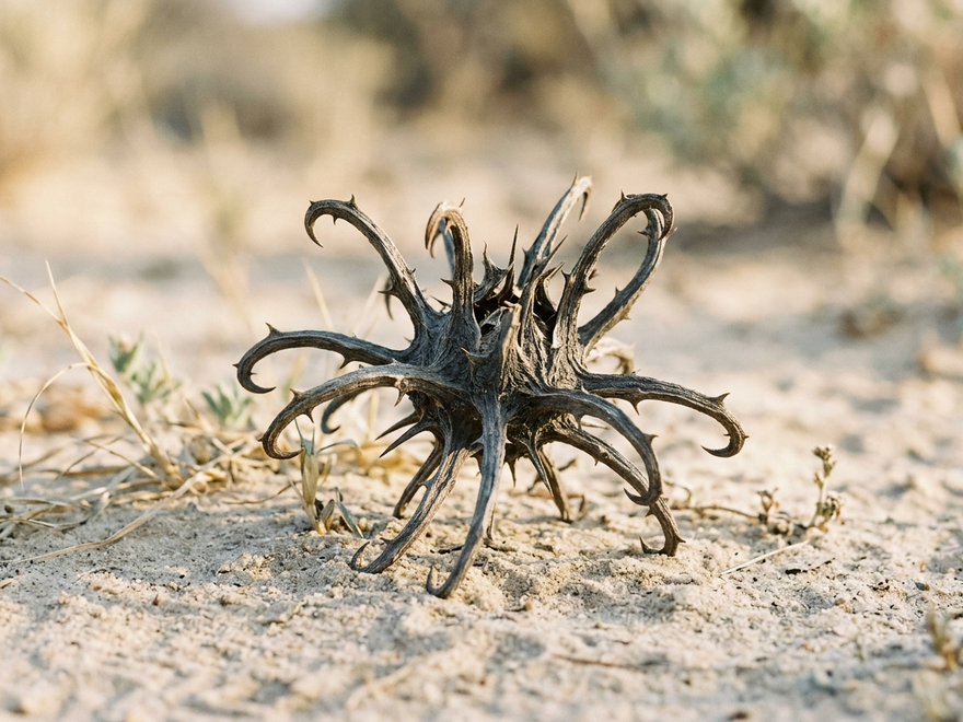 Hakenbesetzte Frucht der Teufelskralle auf Kalahari-Sand
