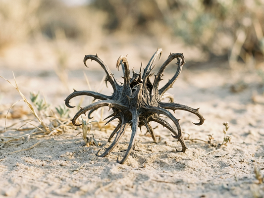 Hakenbesetzte Frucht der Teufelskralle auf Kalahari-Sand