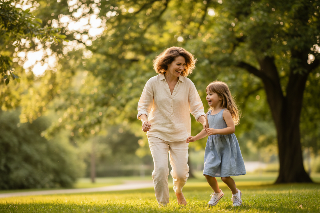 Mutter und Kind spielen gemeinsam im Freien im Sonnenlicht – Vitamin-D-Bildung durch Sonnenexposition bei Kindern
