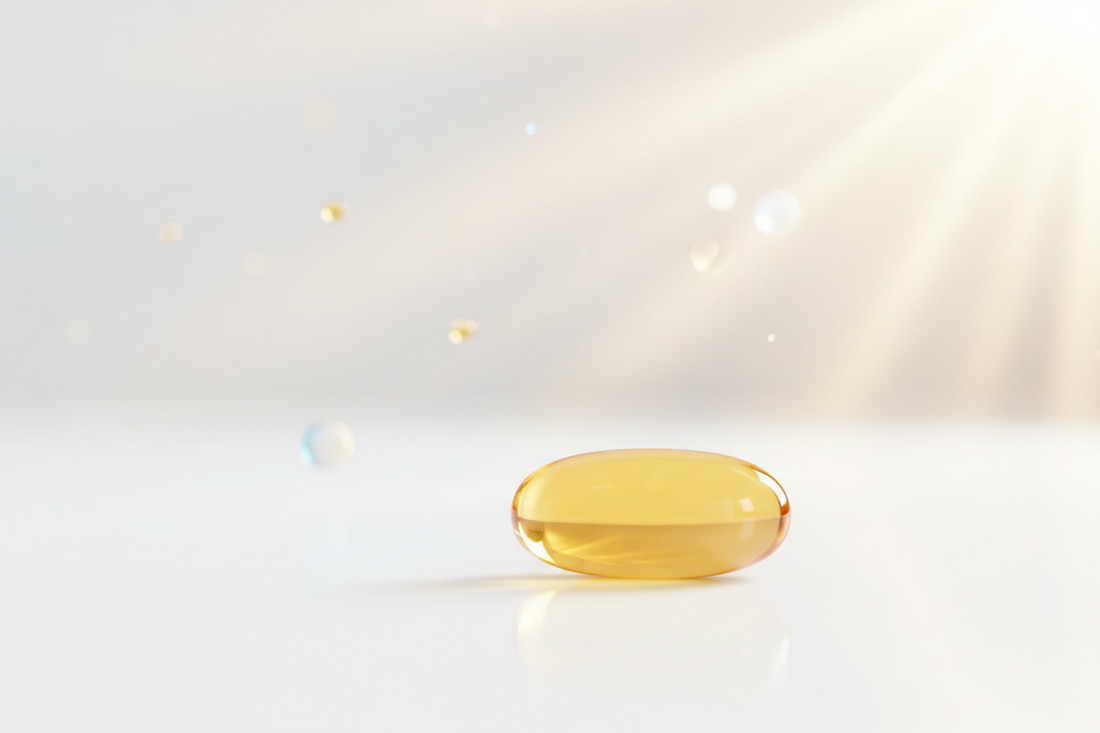 Germedi Vitamin D Depot Hero – Goldene Softgel-Kapsel mit Sonnenlicht als Symbol für Vitamin-D-Supplementierung