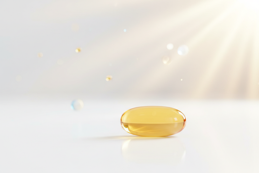 Germedi Vitamin D Depot Hero – Goldene Softgel-Kapsel mit Sonnenlicht als Symbol für Vitamin-D-Supplementierung