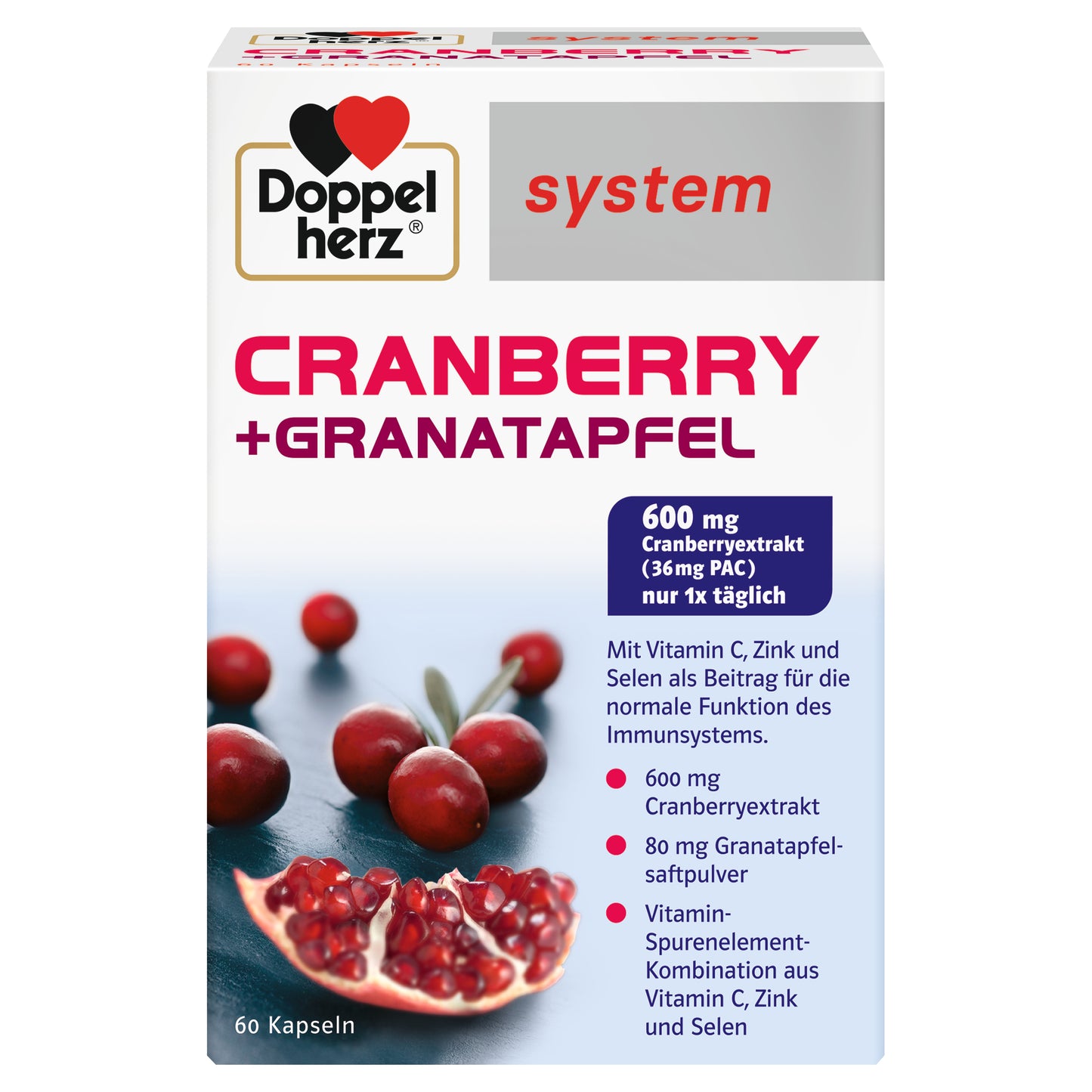 Doppelherz System 雙心機能保健系列 蔓越莓＋石榴 60 顆｜600 mg 蔓越莓萃取＋36 mg PAC｜免疫力與細胞防護