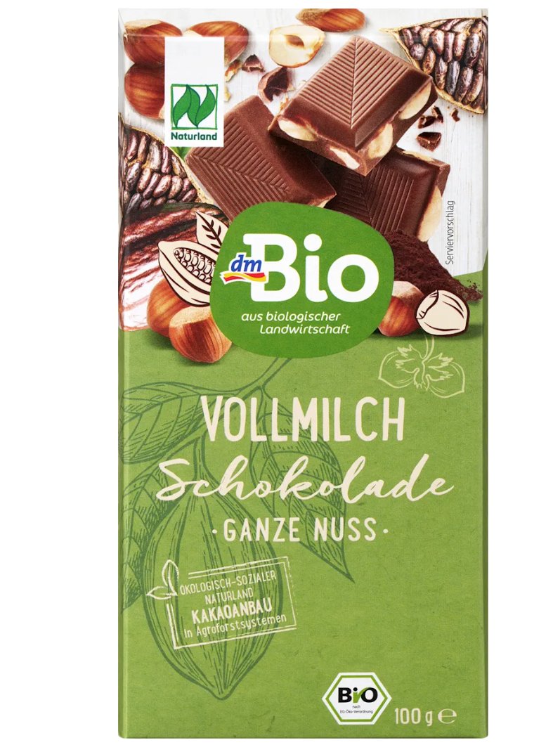 dmBio Schokolade, Vollmilch Schokolade ganze Haselnuss 20 %, 100 g