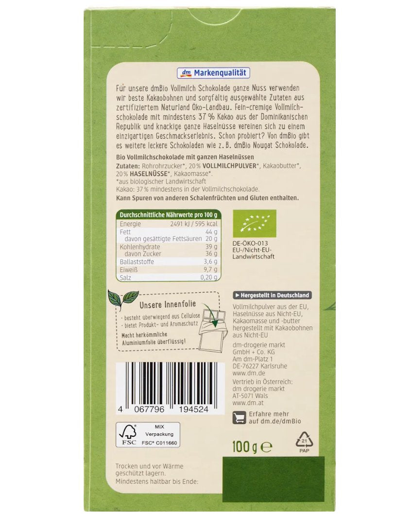 dmBio Schokolade, Vollmilch Schokolade ganze Haselnuss 20 %, 100 g