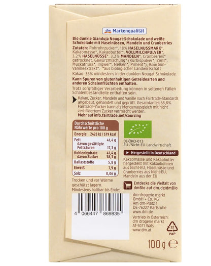 dmBio Schokolade Nougat mit Nüssen & Cranberrys, 100 g Limited Edition