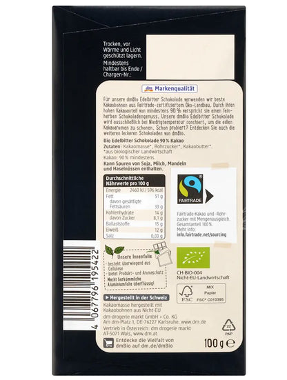 dmBio Schokolade, Edelbitter 90%, 100 g