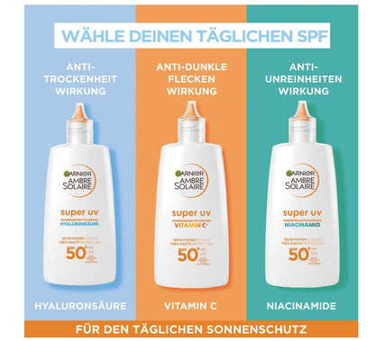 Garnier Ambre Solaire Sonnenfluid Gesicht super UV mit Hyaluronsäure, LSF 50+, 40 ml