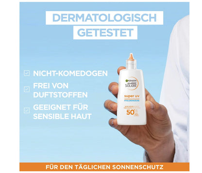 Garnier Ambre Solaire Sonnenfluid Gesicht super UV mit Hyaluronsäure, LSF 50+, 40 ml