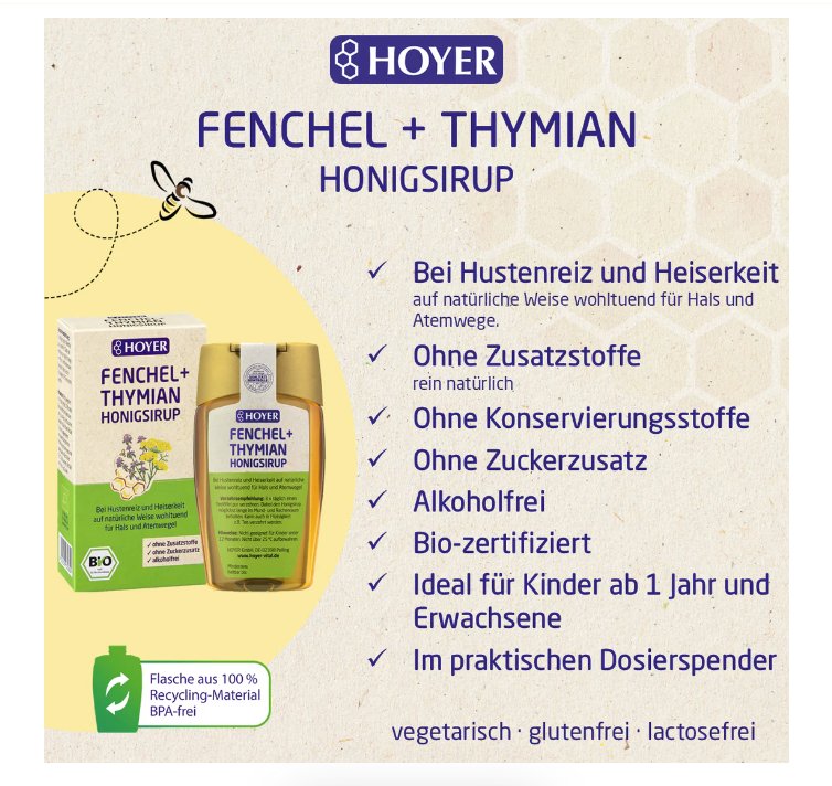 Hoyer Fennel + Thyme Honey Syrup 250ml