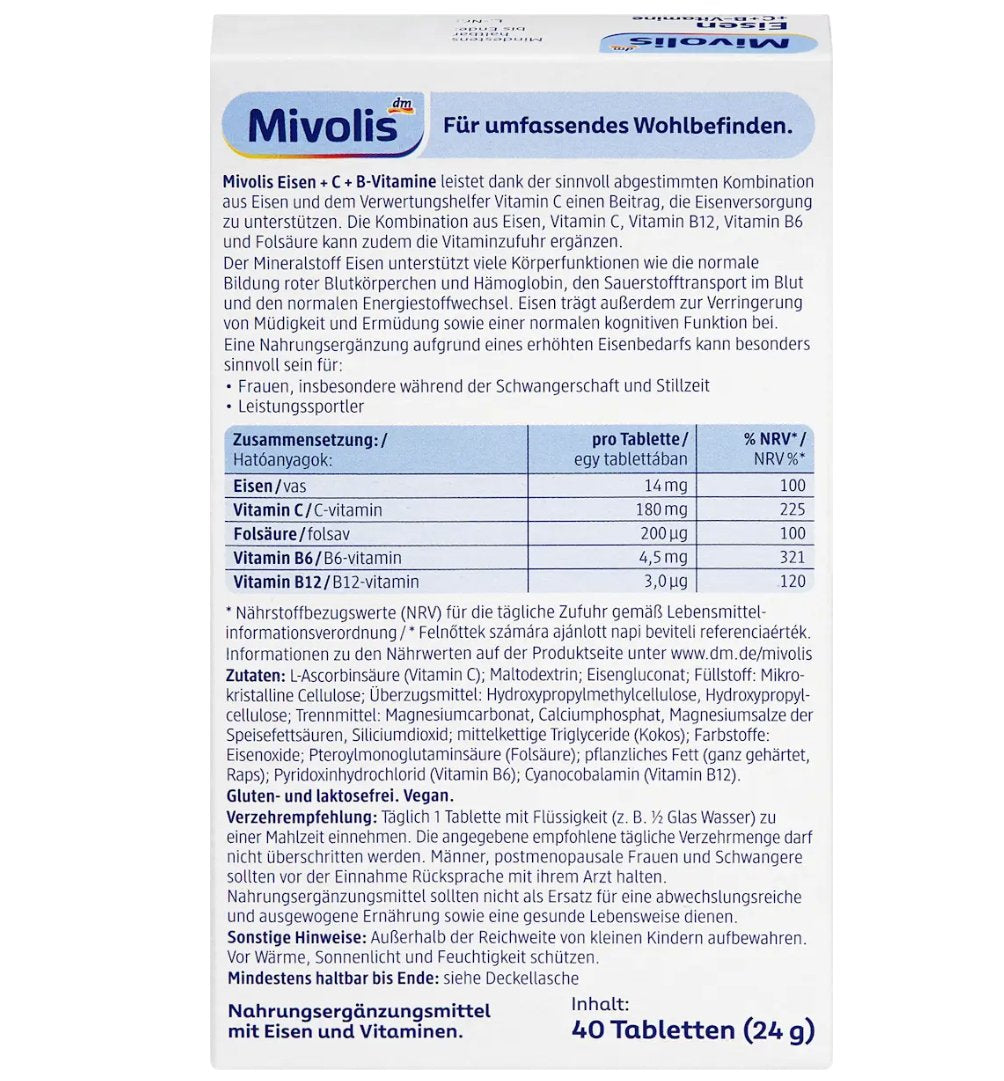 Mivolis Eisen + C + B-Vitamine Tabletten 40 St, 24 g