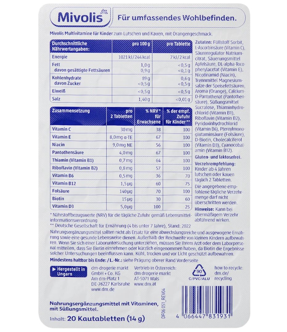 Mivolis Multivitamine für Kinder Kautabletten 20 St, 14 g
