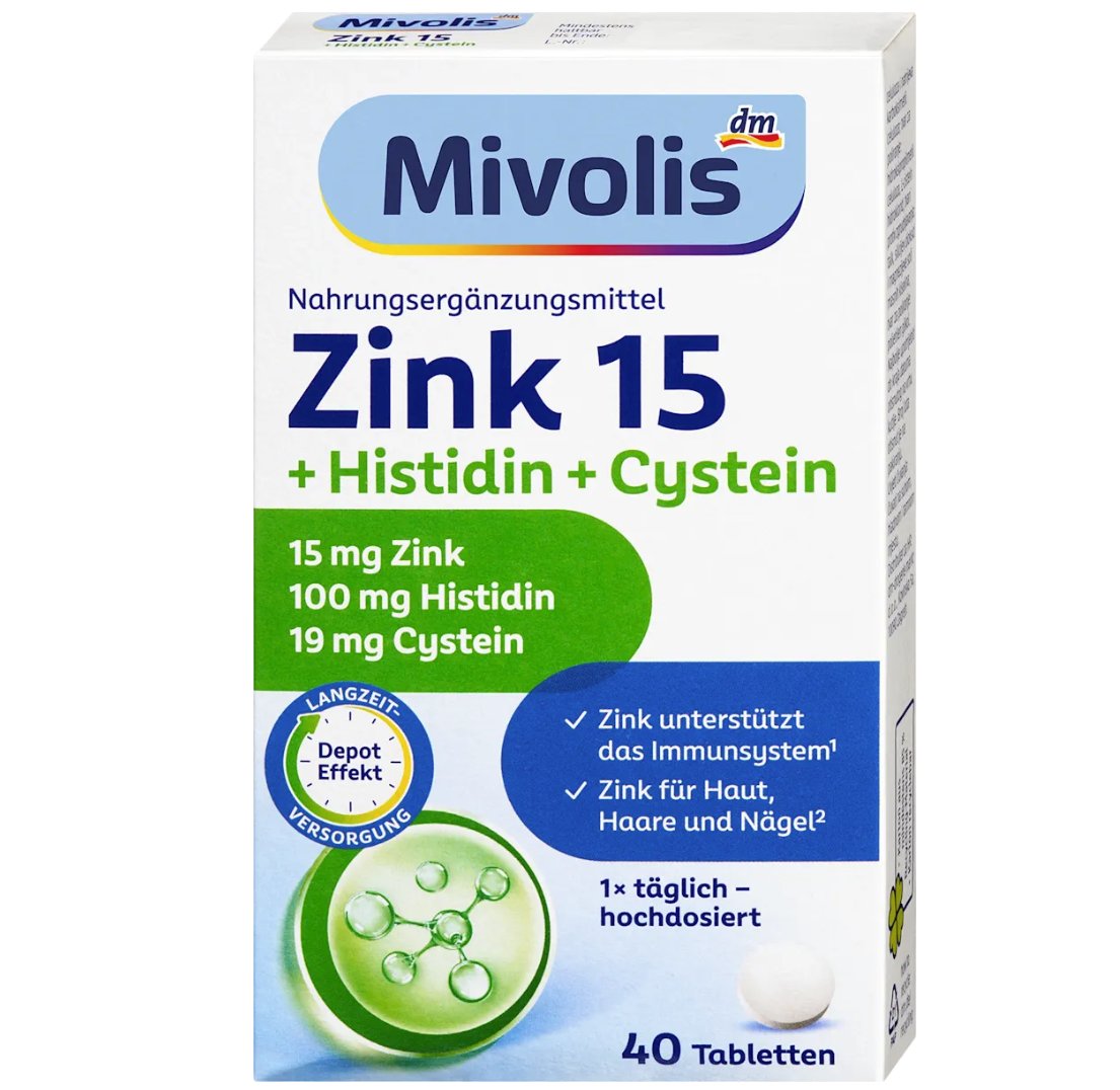 Mivolis Zink 15 + Histidin + Cystein Tabletten 40 St, 19 g