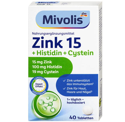 Mivolis Zink 15 + Histidin + Cystein Tabletten 40 St, 19 g