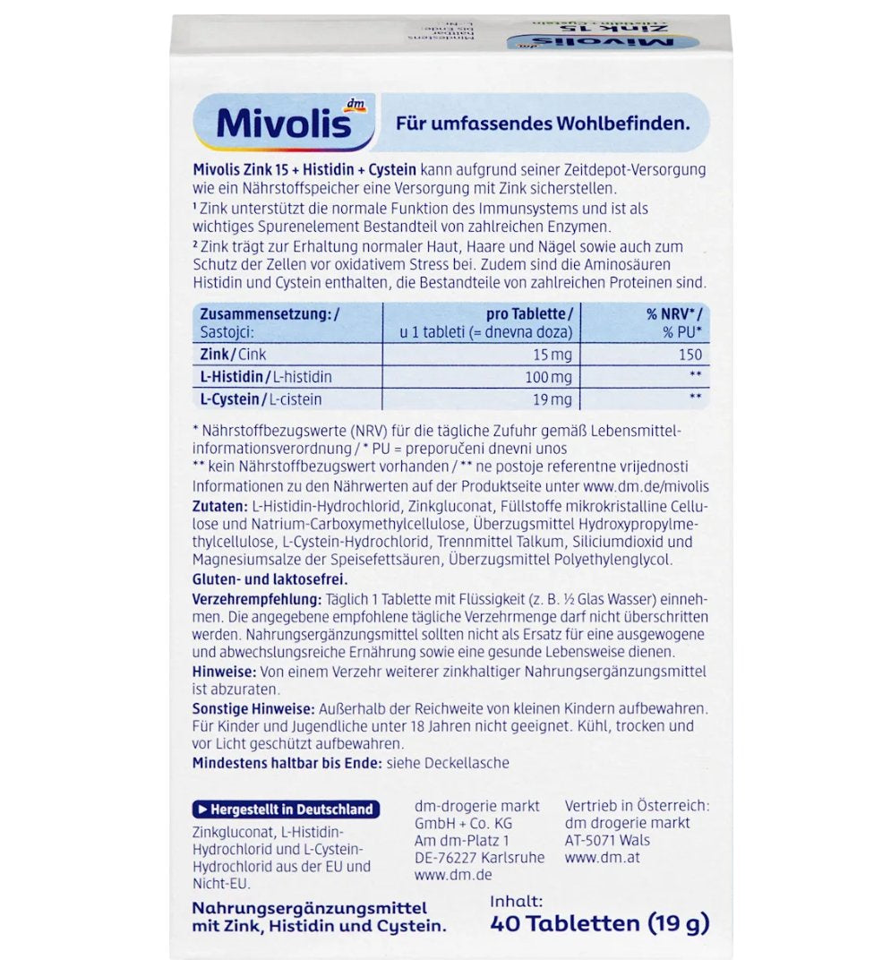 Mivolis Zink 15 + Histidin + Cystein Tabletten 40 St, 19 g