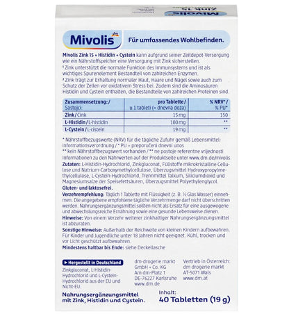 Mivolis Zink 15 + Histidin + Cystein Tabletten 40 St, 19 g