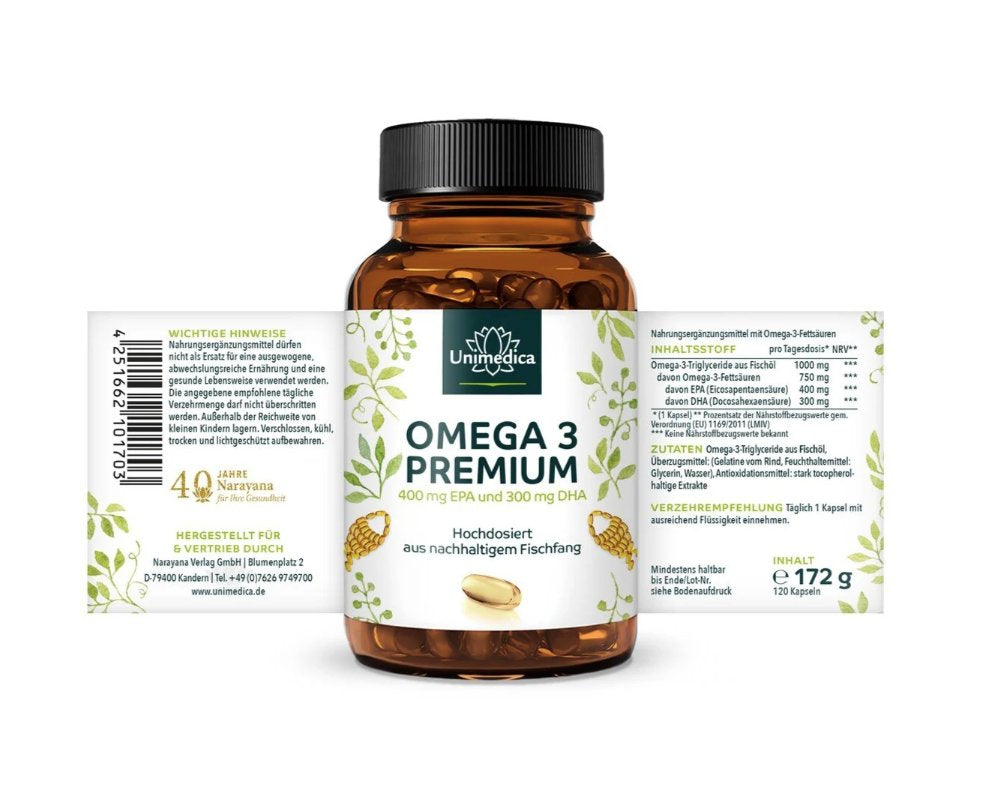 Unimedica Omega‑3 Premium 魚油膠囊｜400 mg EPA＋300 mg DHA、天然 TG 形式、120 顆