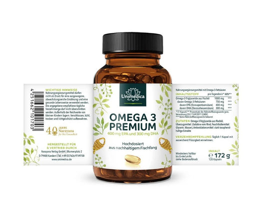 Unimedica Omega-3 Premium Fischöl – Produktdetail, EPA und DHA, reinigtes Fischöl, laktosefrei