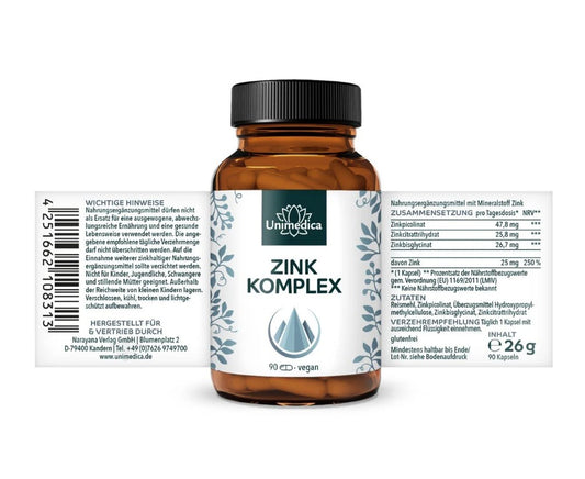 Unimedica Zinc Complex - 3 Forms - 25 mg Zinc per daily dose, 90 Capsules