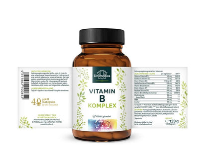 Unimedica Vitamin B Komplex – Produktdetail, alle 8 B-Vitamine plus PABA, Inositol und Cholin, glutenfrei, laktosefrei
