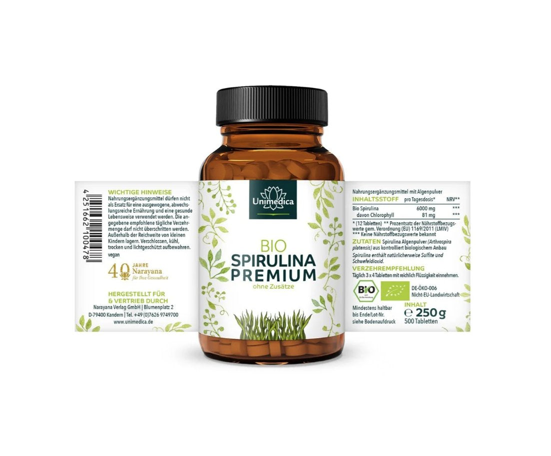 Unimedica Bio Spirulina Premium – Produktdetail, 500 Tabletten, Bio-zertifiziert, jodfrei, vegan, laborgeprüft