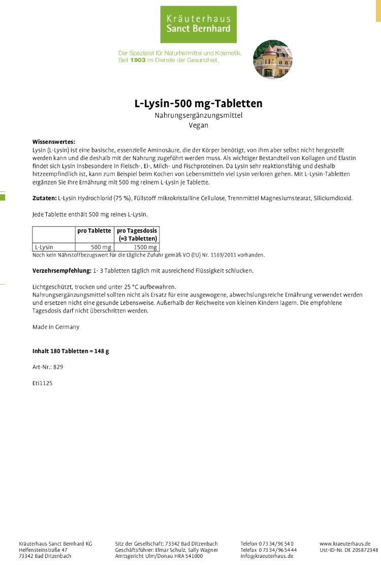 Sanct Bernhard  L-Lysin-500 mg-Tabletten