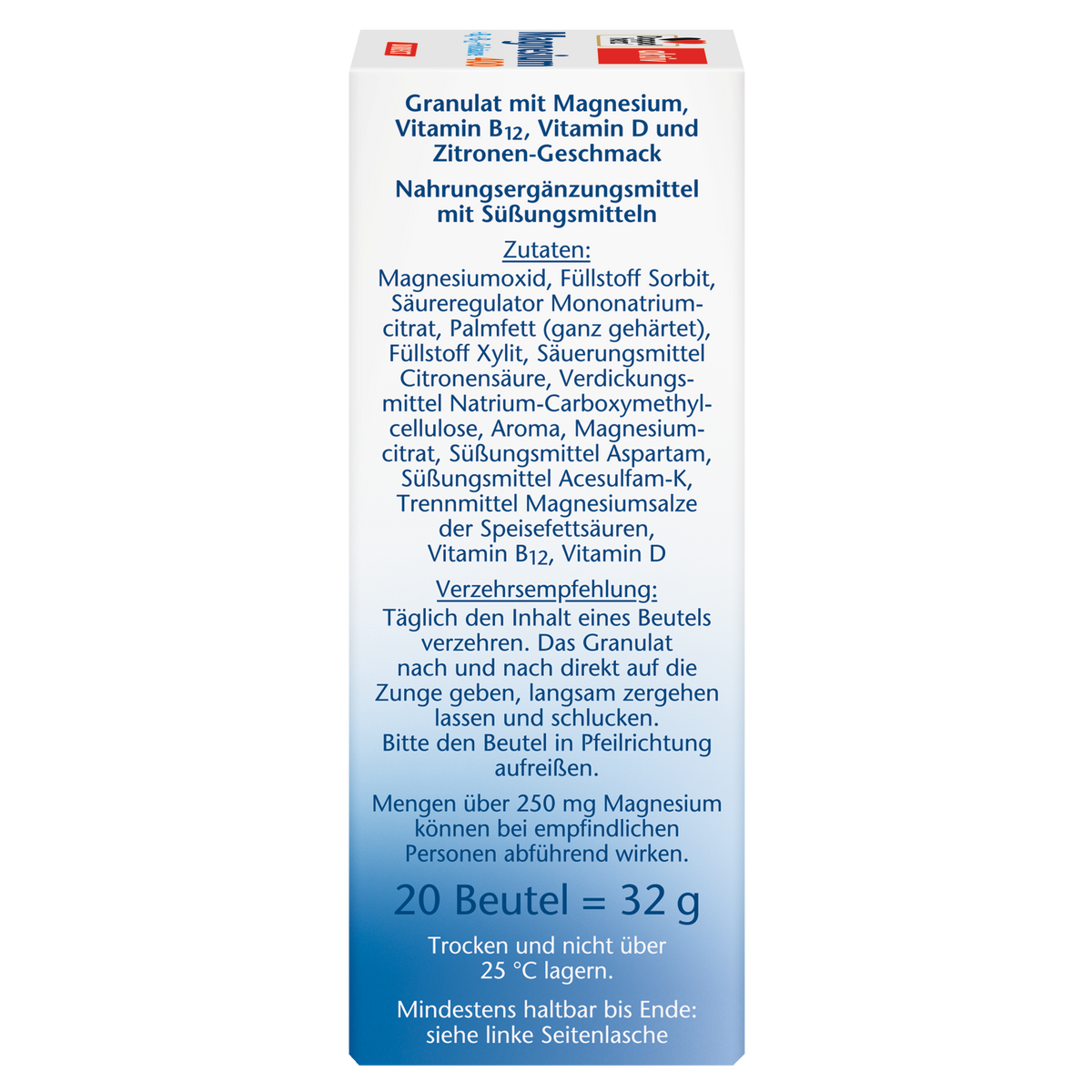 Doppelherz Magnesium 500 + B12 + D3 DEPOT DIRECT – Seitenansicht mit Zutatenliste, Verzehrempfehlung und Lagerungshinweis