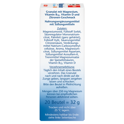 Doppelherz Magnesium 500 + B12 + D3 DEPOT DIRECT – Seitenansicht mit Zutatenliste, Verzehrempfehlung und Lagerungshinweis