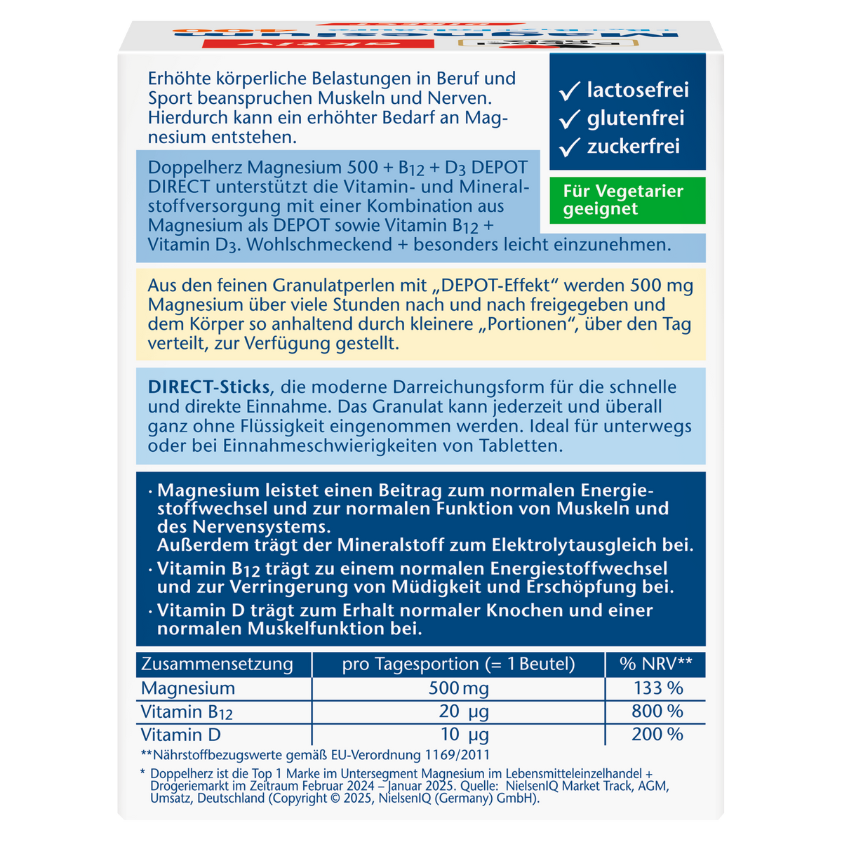 Doppelherz Magnesium 500 + B12 + D3 DEPOT DIRECT – Rückseite mit Nährstofftabelle, Wirkstoffangaben und Hinweisen zur Einnahme

