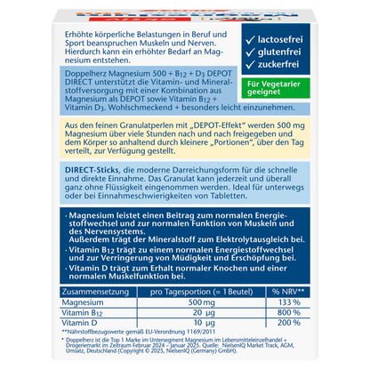 Doppelherz Magnesium 500 + B12 + D3 DEPOT DIRECT – Rückseite mit Nährstofftabelle, Wirkstoffangaben und Hinweisen zur Einnahme
