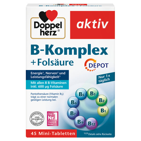 Doppelherz aktiv B-Komplex + Folsäure – DEPOT-Mini-Tabletten mit allen 8 B-Vitaminen – 45 Tabletten