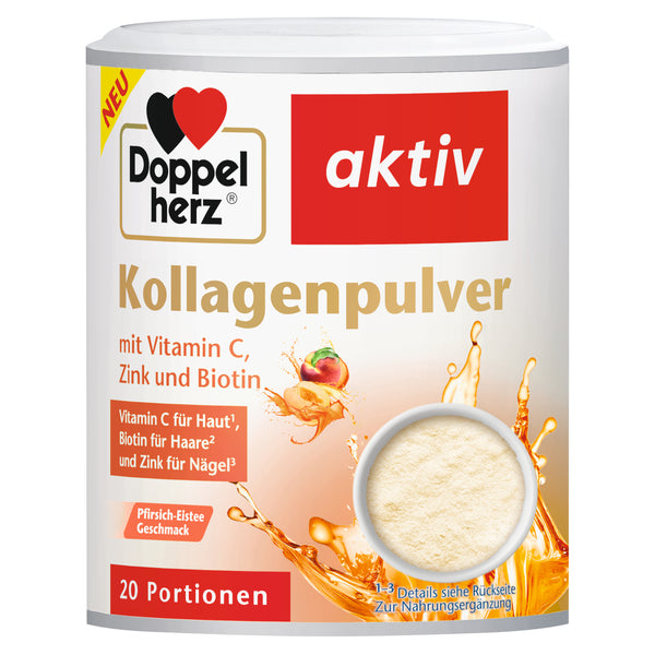 Doppelherz aktiv Kollagenpulver Pfirsich-Eistee – 5000 mg Kollagen mit Vitamin C, Zink und Biotin – 150 g