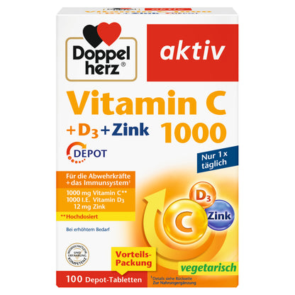 Doppelherz 雙心 aktiv 維生素C 1000＋D3＋鋅 DEPOT 緩釋錠 100 錠｜成人日常保養