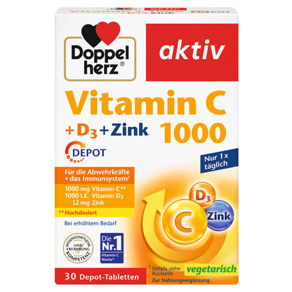 Doppelherz aktiv Vitamin C 1000 + D3 + Zinc DEPOT – Tablets with 1000 mg Vitamin C, 25 µg D3 and 12 mg Zinc – 30 Tablets