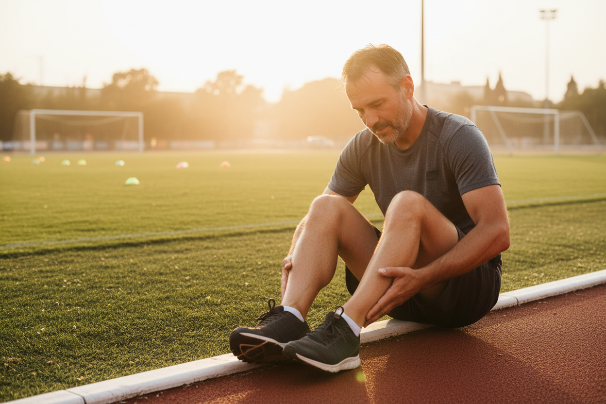 男性運動後揉膝蓋，強調膝關節保養需求｜Mann massiert Knie nach Sport – Gelenkpflege nach Training